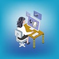 Illustration of person working at a computer. Icons of a woman, monitor, desk, with and image of software interface. Symbol of mak Royalty Free Stock Photo